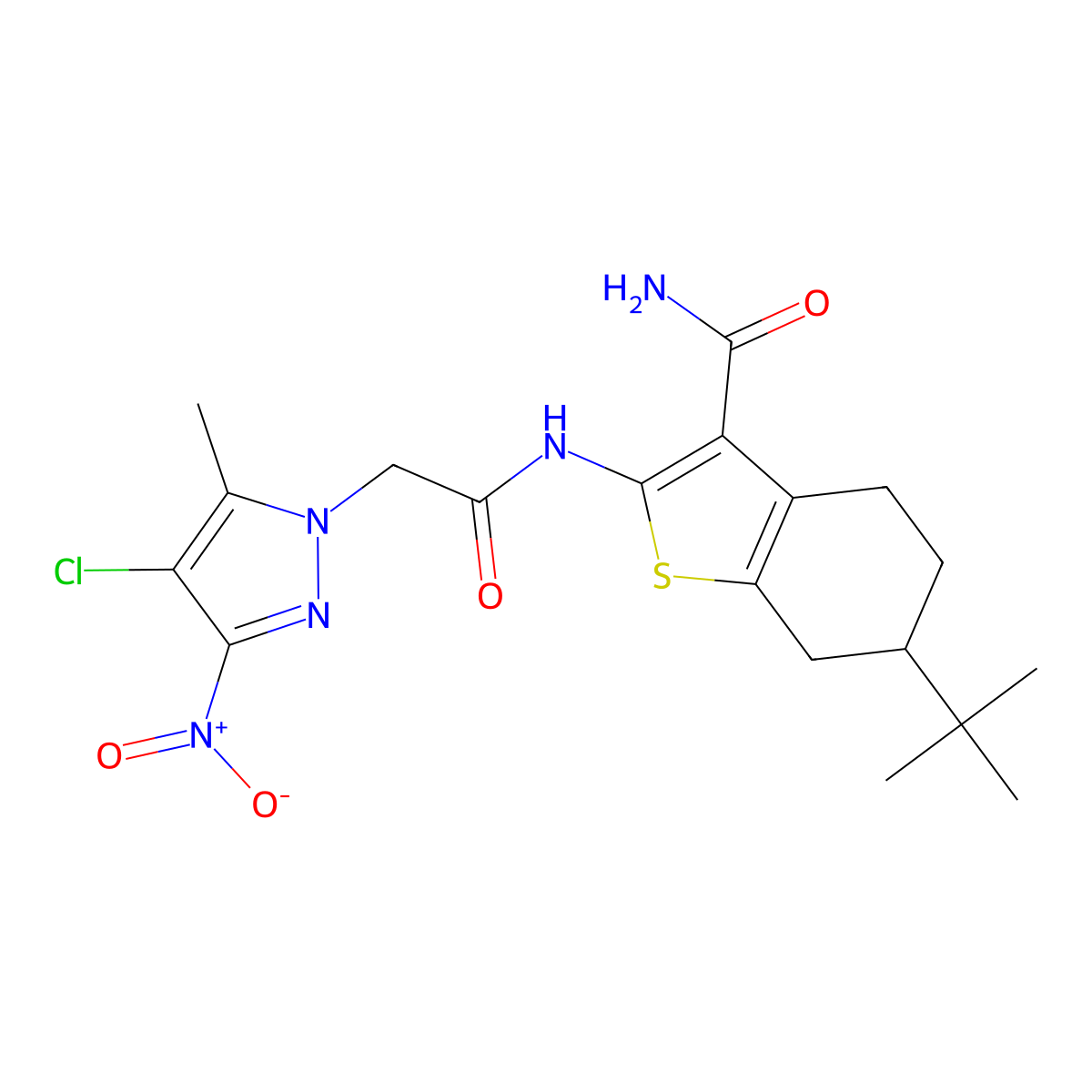 6-Tert-butyl-2-[[2-(4-chloro-5-methyl-3-nitropyrazol-1-yl)acetyl]amino]-4,5,6,7-tetrahydro-1-benzothiophene-3-carboxamide molecular structure, CAS 512827-69-9