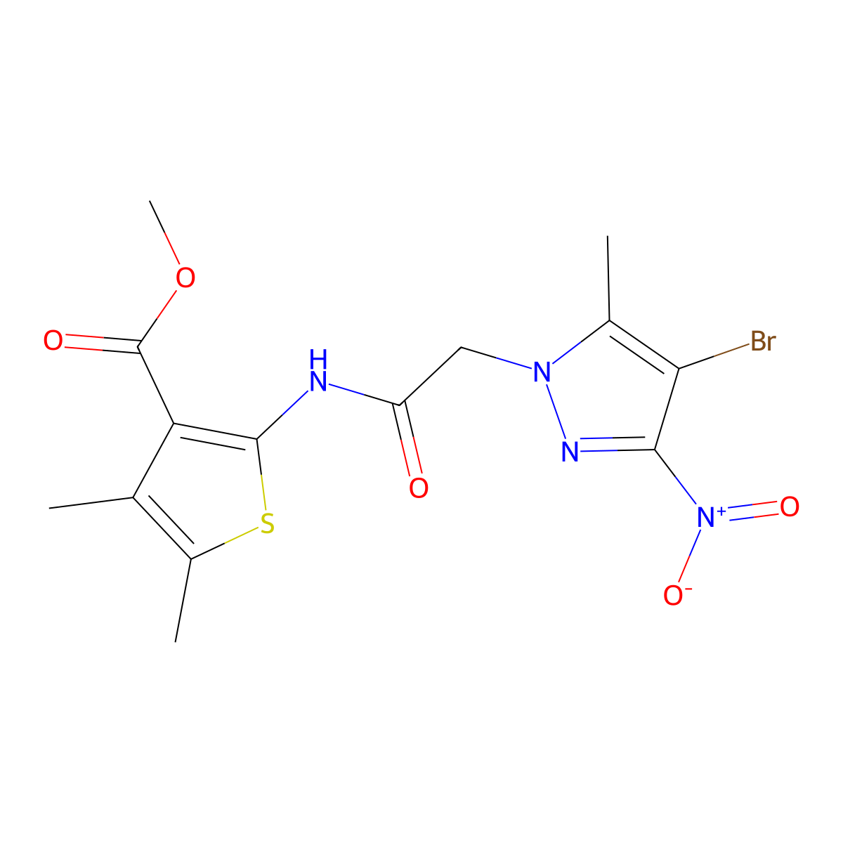 Methyl 2-[[2-(4-bromo-5-methyl-3-nitropyrazol-1-yl)acetyl]amino]-4,5-dimethylthiophene-3-carboxylate molecular structure, CAS 512827-70-2