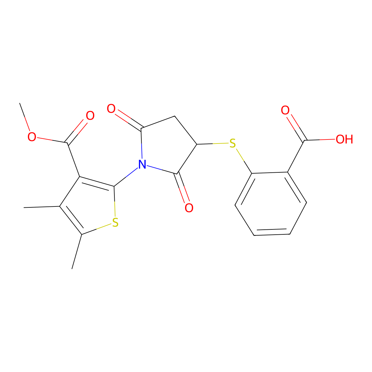 2-((1-(3-(Methoxycarbonyl)-4,5-dimethylthiophen-2-yl)-2,5-dioxopyrrolidin-3-yl)thio)benzoic acid molecular structure, CAS 512838-49-2