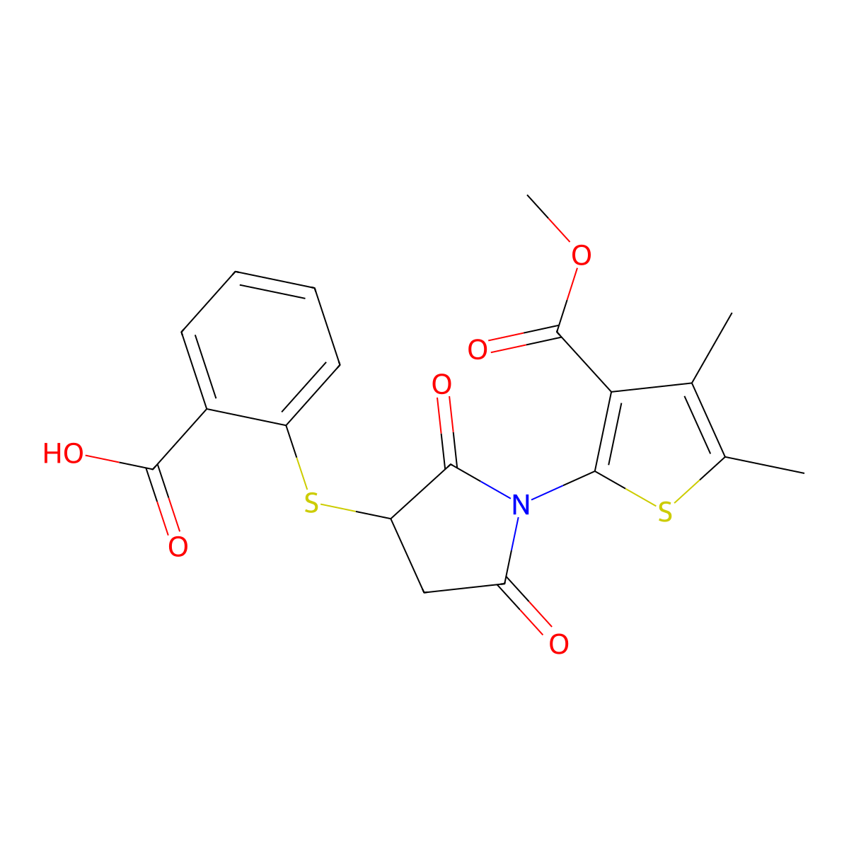2-((1-(3-(Methoxycarbonyl)-4,5-dimethylthiophen-2-yl)-2,5-dioxopyrrolidin-3-yl)thio)benzoic acid molecular structure, CAS 512838-49-2
