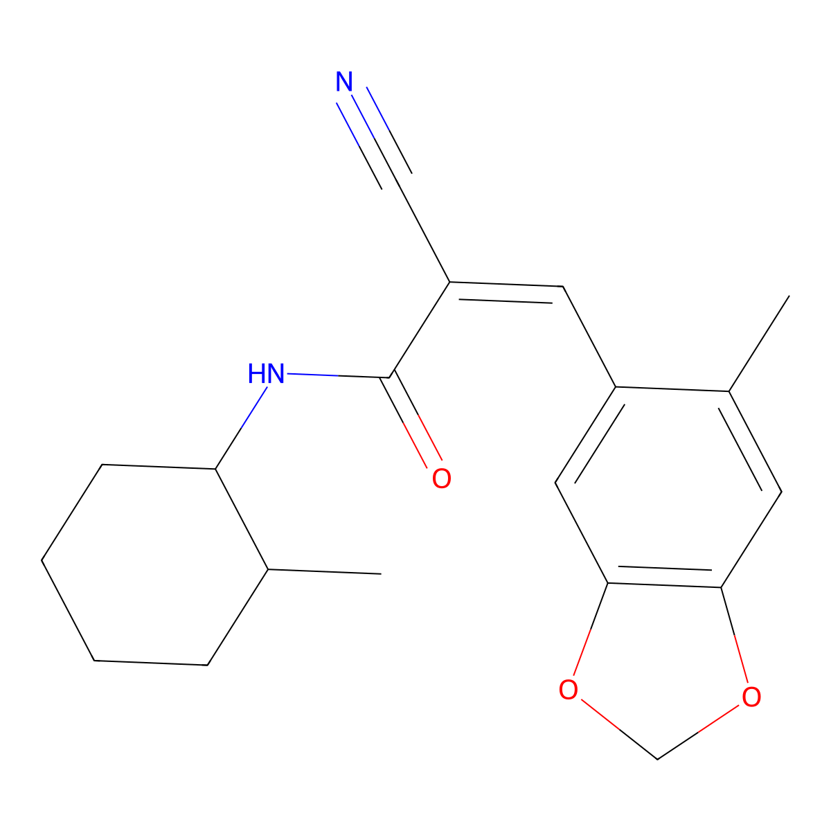 2-cyano-3-(6-methyl-1,3-benzodioxol-5-yl)-N-(2-methylcyclohexyl)prop-2-enamide molecular structure, CAS 5139-74-2