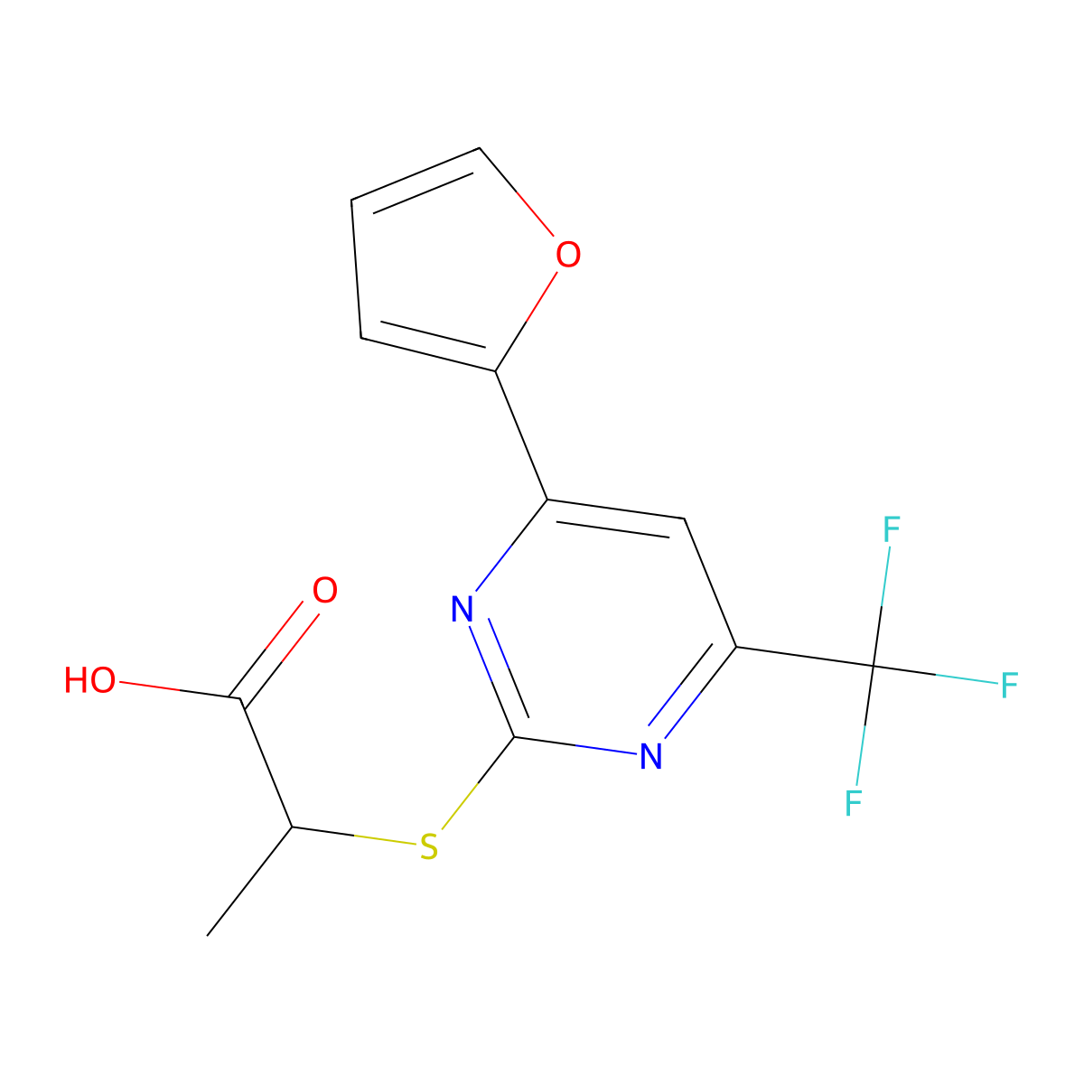2-{[4-(Furan-2-yl)-6-(trifluoromethyl)pyrimidin-2-yl]sulfanyl}propanoic acid molecular structure, CAS 514180-25-7
