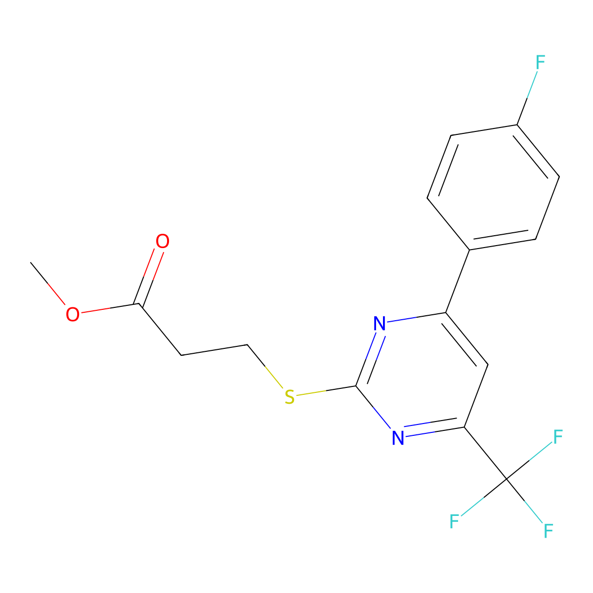 Methyl 3-((4-(4-fluorophenyl)-6-(trifluoromethyl)pyrimidin-2-yl)thio)propanoate molecular structure, CAS 514180-96-2