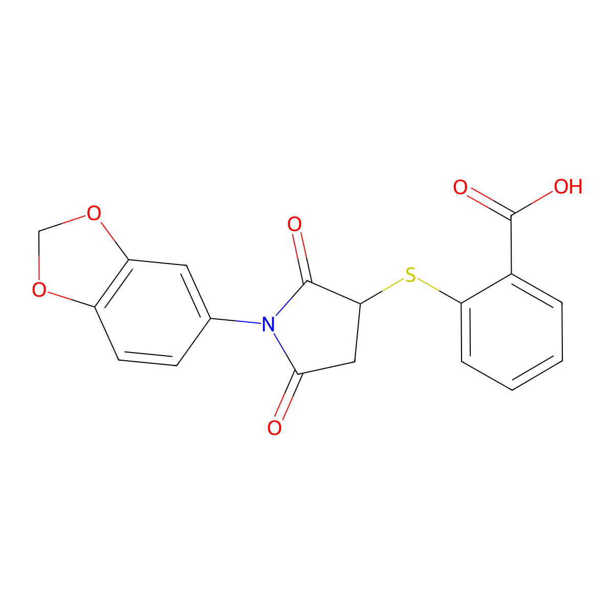2-((1-(Benzo[d][1,3]dioxol-5-yl)-2,5-dioxopyrrolidin-3-yl)thio)benzoic acid molecular structure, CAS 514182-16-2