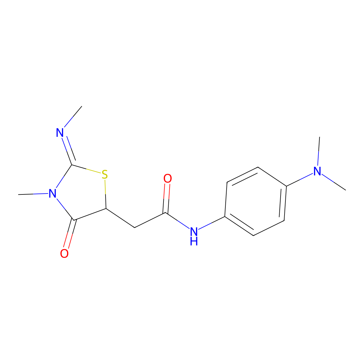 (E)-N-(4-(dimethylamino)phenyl)-2-(3-methyl-2-(methylimino)-4-oxothiazolidin-5-yl)acetamide molecular structure, CAS 514182-36-6
