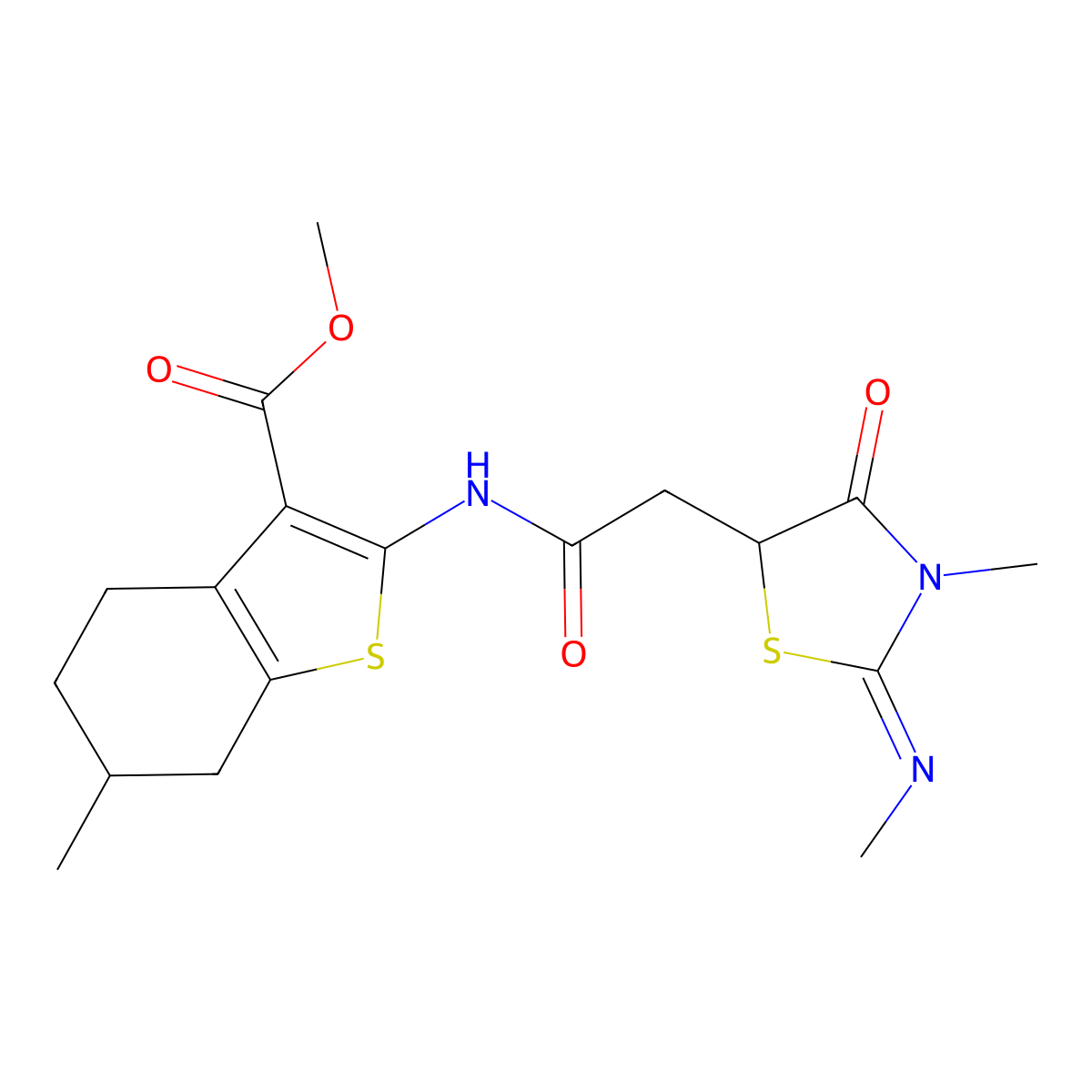 (E)-methyl 6-methyl-2-(2-(3-methyl-2-(methylimino)-4-oxothiazolidin-5-yl)acetamido)-4,5,6,7-tetrahydrobenzo[b]thiophene-3-carboxylate molecular structure, CAS 514182-75-3