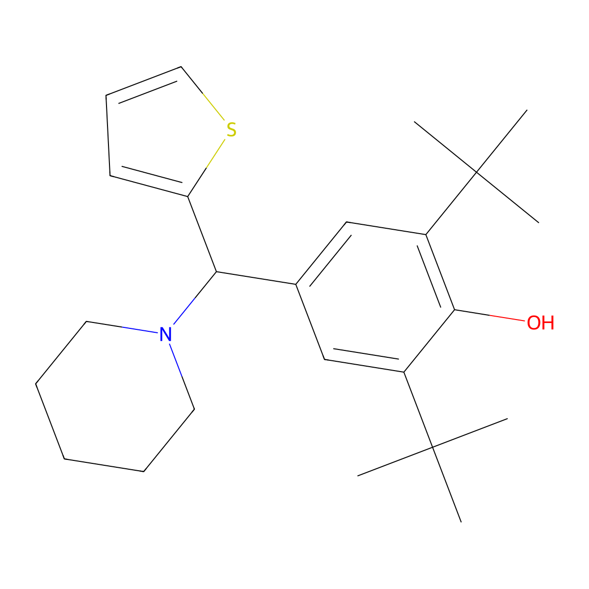 2,6-Di-tert-butyl-4-(piperidin-1-yl(thiophen-2-yl)methyl)phenol molecular structure, CAS 514183-44-9