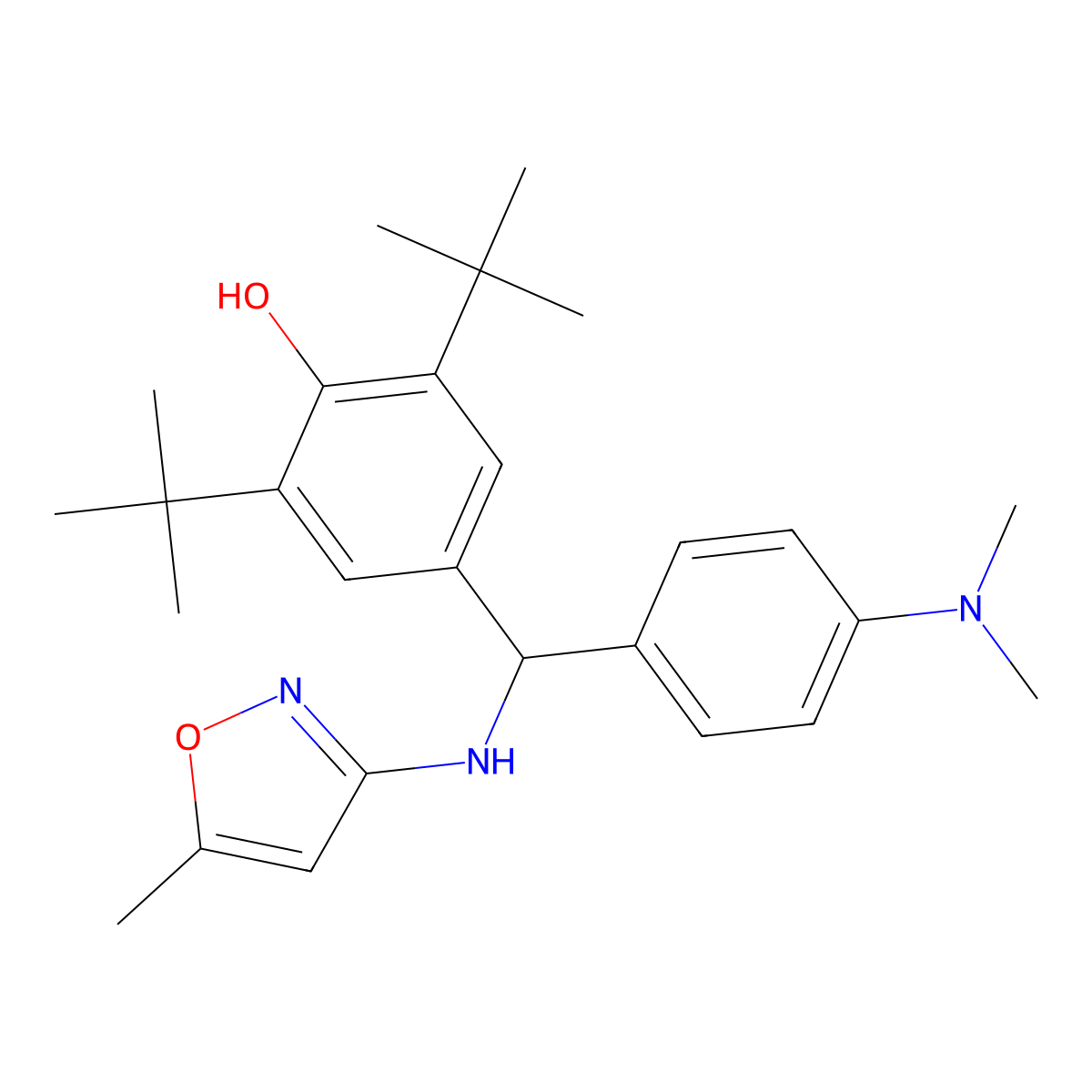 2,6-Di-tert-butyl-4-((4-(dimethylamino)phenyl)((5-methylisoxazol-3-yl)amino)methyl)phenol molecular structure, CAS 514183-69-8
