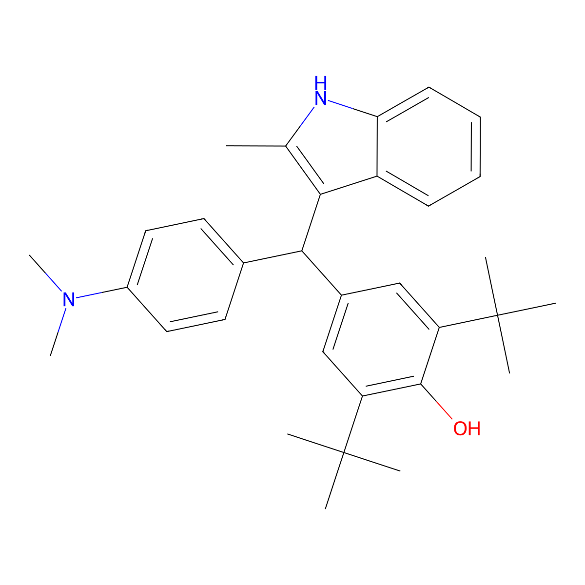 2,6-di-tert-butyl-4-{[4-(dimethylamino)phenyl](2-methyl-1H-indol-3-yl)methyl}phenol molecular structure, CAS 514183-77-8