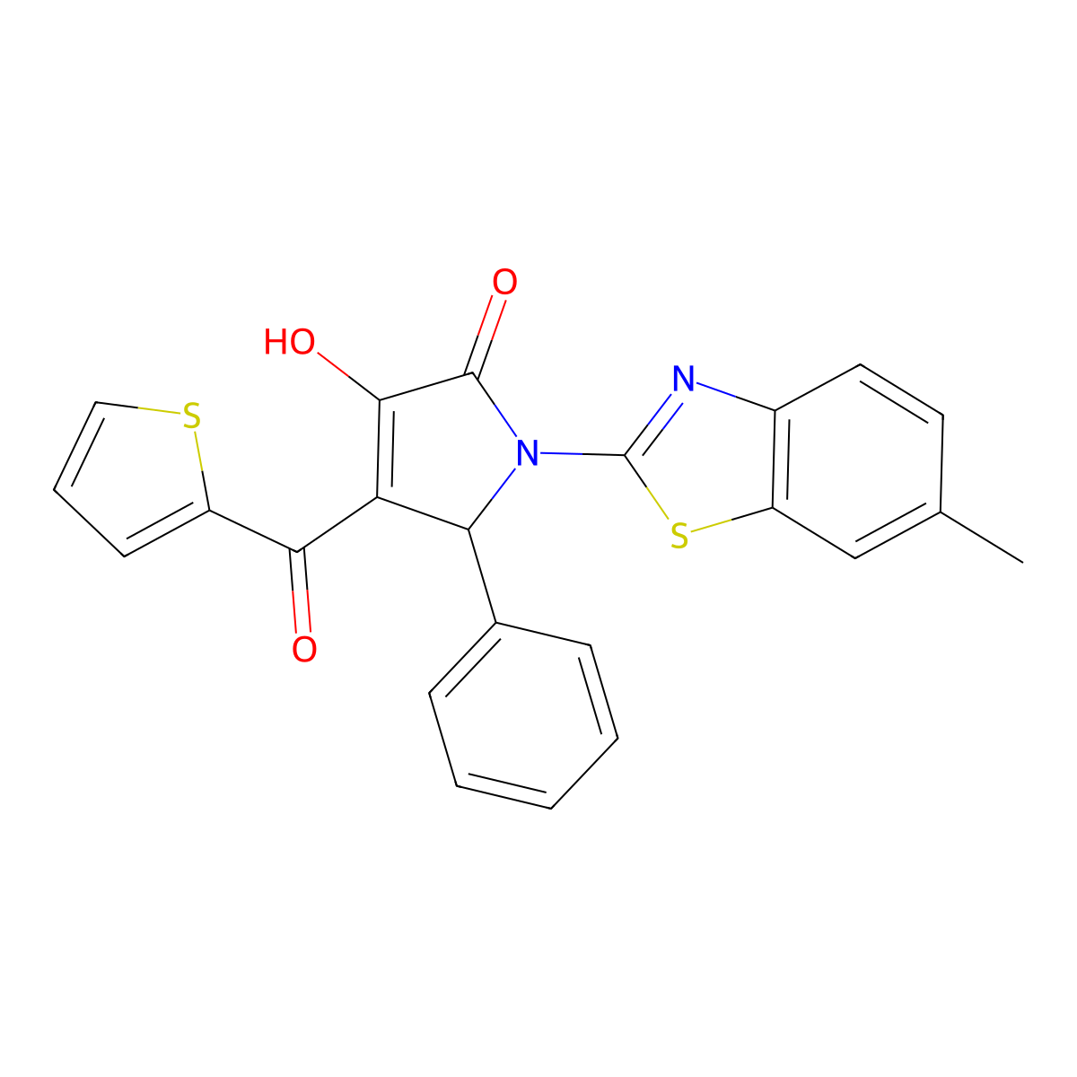 (4E)-4-[hydroxy(thiophen-2-yl)methylidene]-1-(6-methyl-1,3-benzothiazol-2-yl)-5-phenylpyrrolidine-2,3-dione molecular structure, CAS 514188-21-7