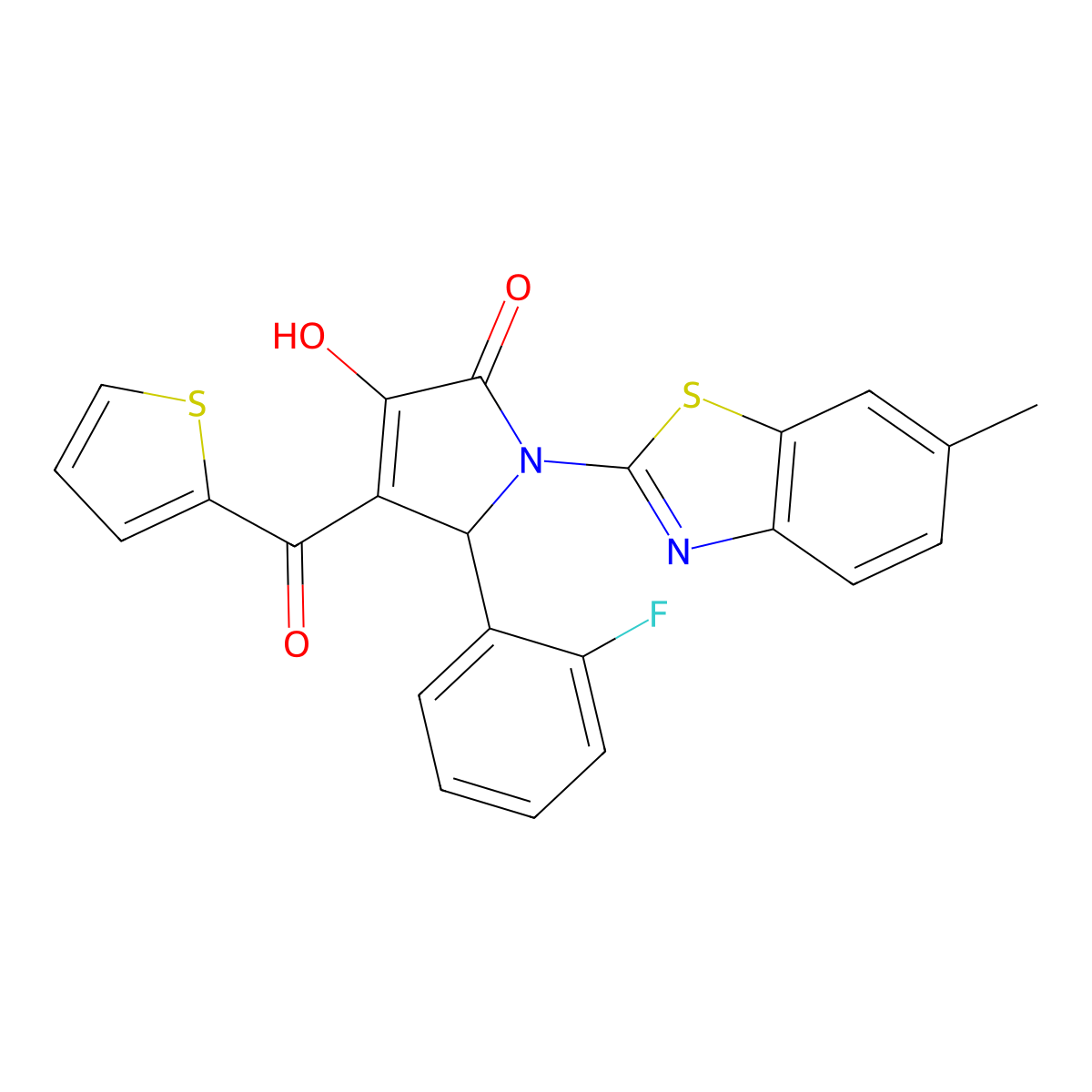 (4E)-5-(2-fluorophenyl)-4-[hydroxy(thiophen-2-yl)methylidene]-1-(6-methyl-1,3-benzothiazol-2-yl)pyrrolidine-2,3-dione molecular structure, CAS 514188-26-2