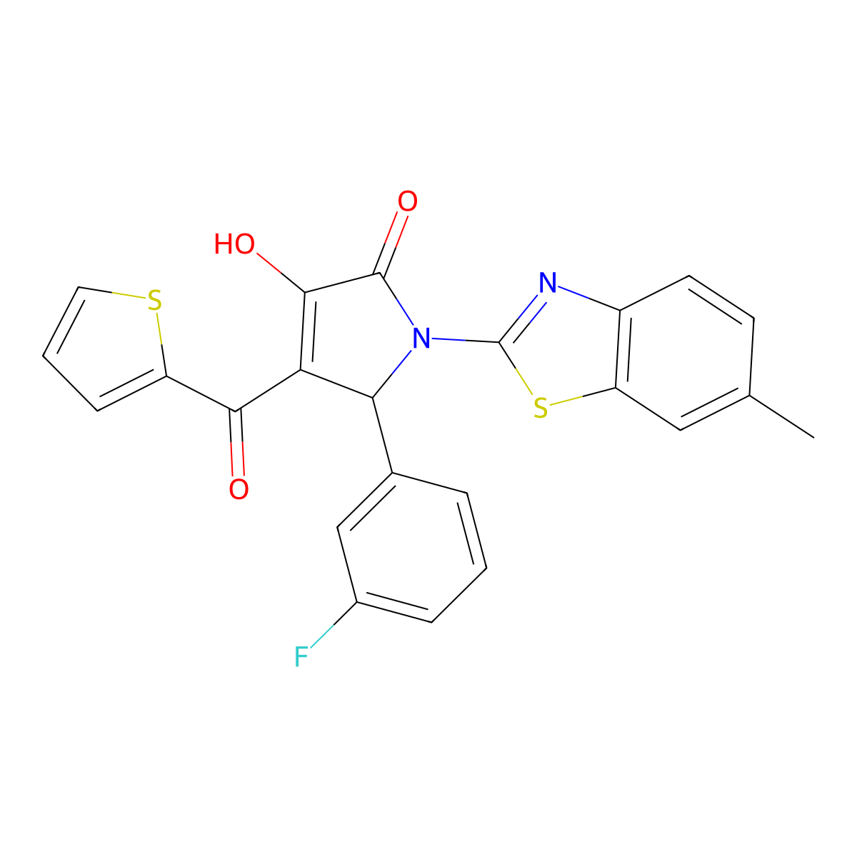 (4E)-5-(3-fluorophenyl)-4-[hydroxy(thiophen-2-yl)methylidene]-1-(6-methyl-1,3-benzothiazol-2-yl)pyrrolidine-2,3-dione molecular structure, CAS 514188-27-3