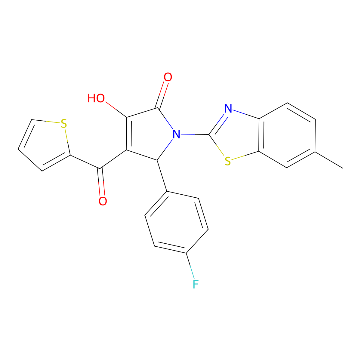 (4E)-5-(4-fluorophenyl)-4-[hydroxy(thiophen-2-yl)methylidene]-1-(6-methyl-1,3-benzothiazol-2-yl)pyrrolidine-2,3-dione molecular structure, CAS 514188-28-4