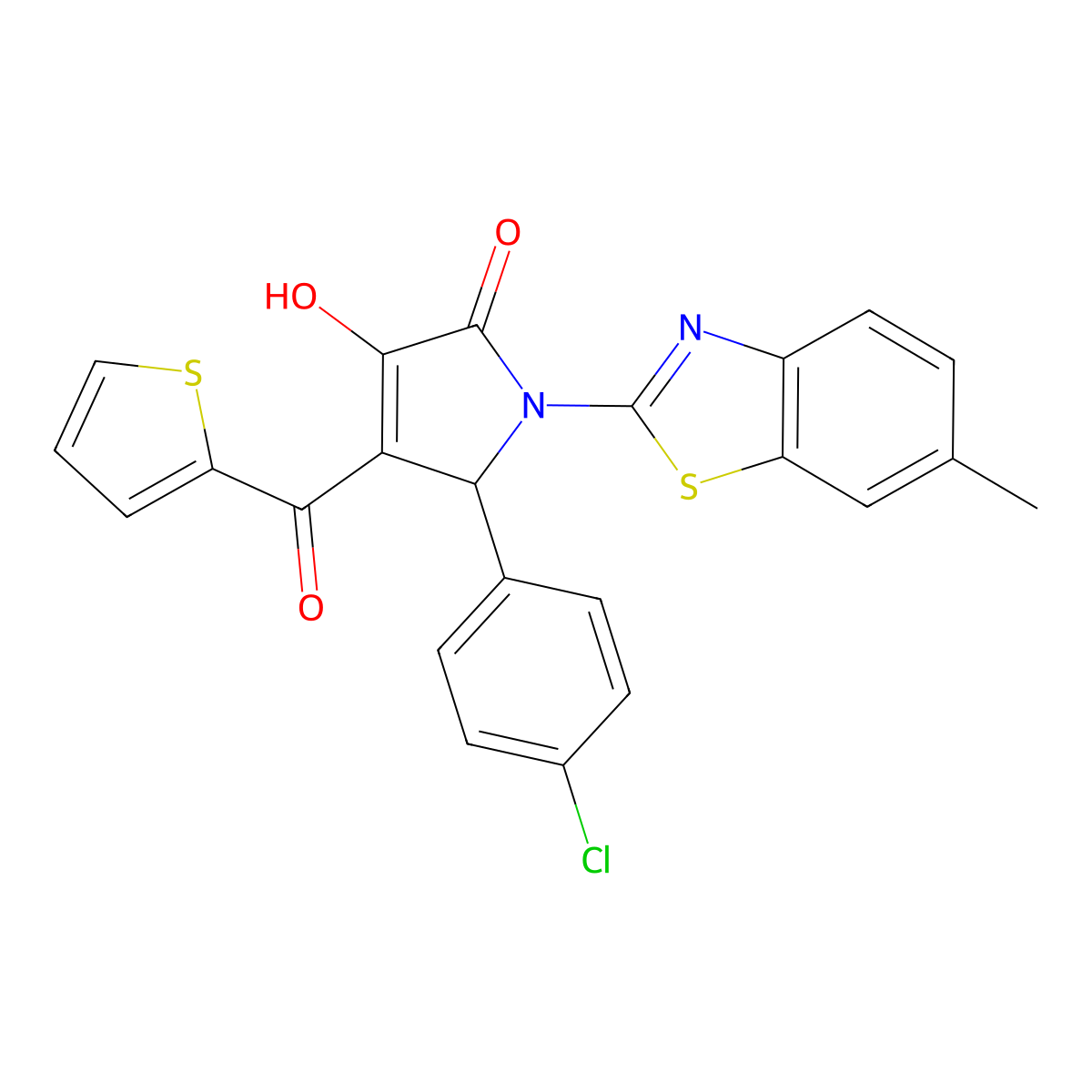 (4E)-5-(4-chlorophenyl)-4-[hydroxy(thiophen-2-yl)methylidene]-1-(6-methyl-1,3-benzothiazol-2-yl)pyrrolidine-2,3-dione molecular structure, CAS 514188-30-8