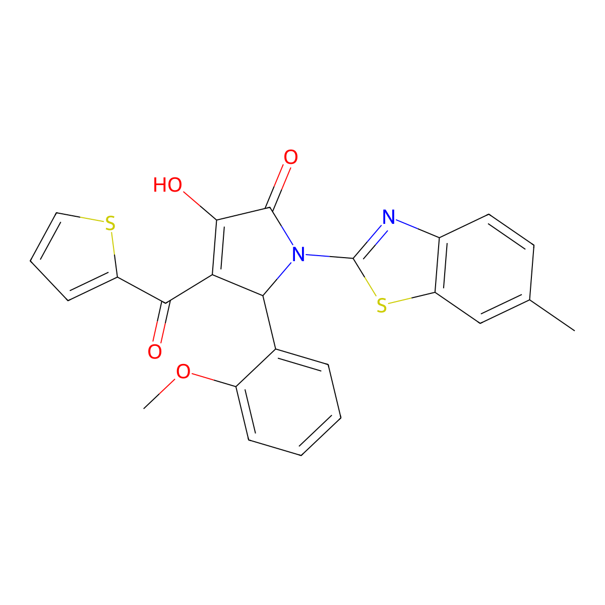 (4E)-4-[hydroxy(thiophen-2-yl)methylidene]-5-(2-methoxyphenyl)-1-(6-methyl-1,3-benzothiazol-2-yl)pyrrolidine-2,3-dione molecular structure, CAS 514188-36-4