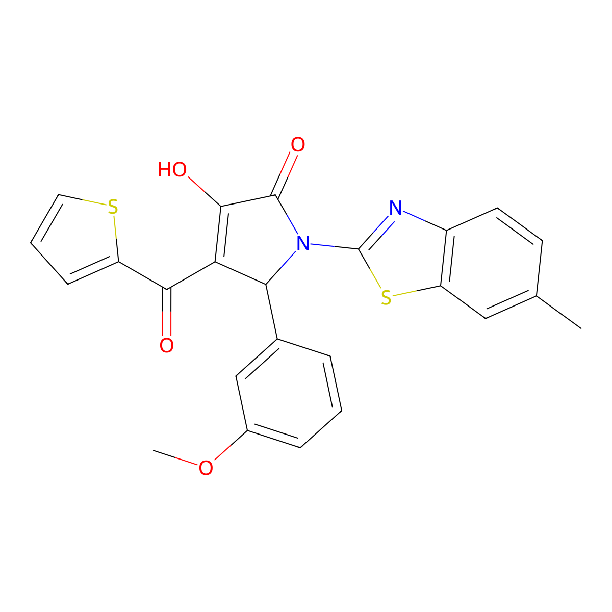 (4E)-4-[hydroxy(thiophen-2-yl)methylidene]-5-(3-methoxyphenyl)-1-(6-methyl-1,3-benzothiazol-2-yl)pyrrolidine-2,3-dione molecular structure, CAS 514188-37-5