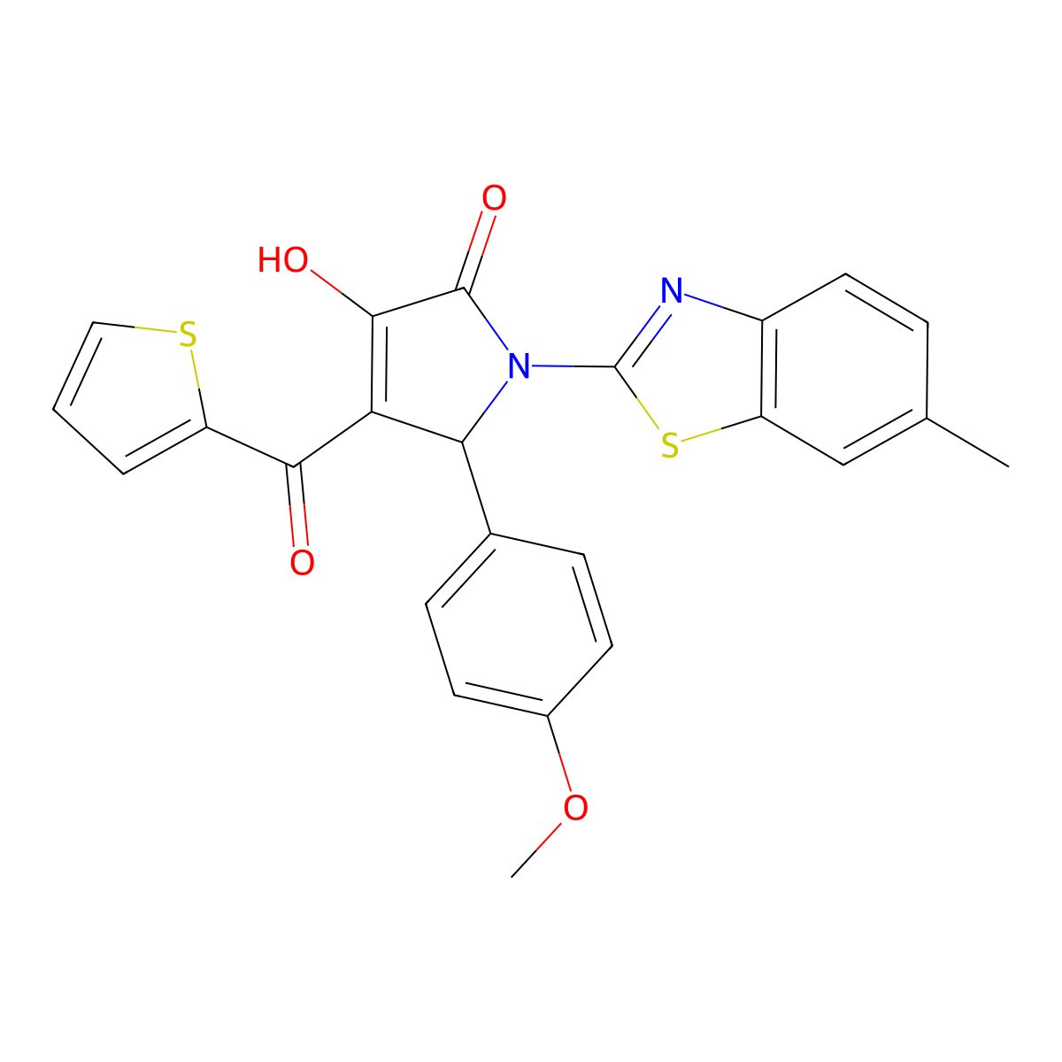 (4E)-4-[hydroxy(thiophen-2-yl)methylidene]-5-(4-methoxyphenyl)-1-(6-methyl-1,3-benzothiazol-2-yl)pyrrolidine-2,3-dione molecular structure, CAS 514188-38-6