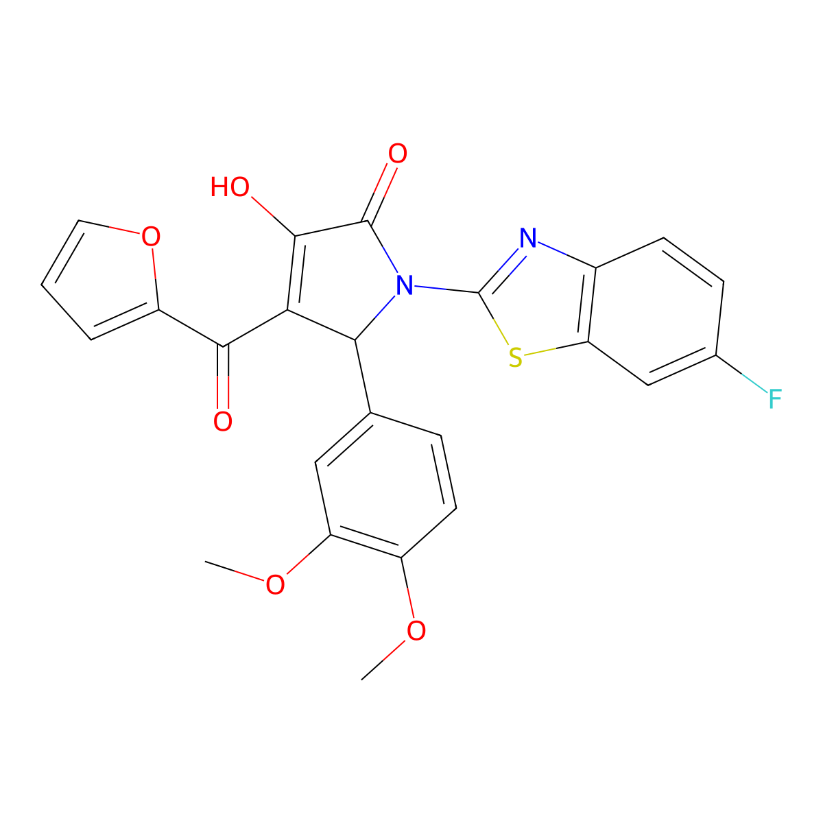 (4E)-5-(3,4-dimethoxyphenyl)-1-(6-fluoro-1,3-benzothiazol-2-yl)-4-[furan-2-yl(hydroxy)methylidene]pyrrolidine-2,3-dione molecular structure, CAS 514191-42-5