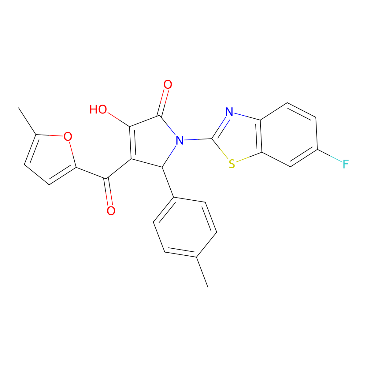 (4E)-1-(6-fluoro-1,3-benzothiazol-2-yl)-4-[hydroxy(5-methylfuran-2-yl)methylidene]-5-(4-methylphenyl)pyrrolidine-2,3-dione molecular structure, CAS 514191-48-1