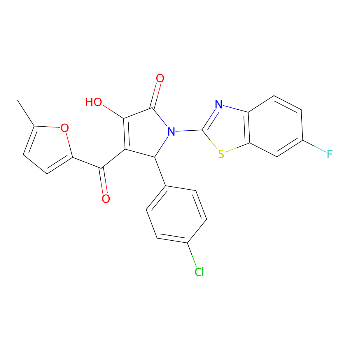 (4E)-5-(4-chlorophenyl)-1-(6-fluoro-1,3-benzothiazol-2-yl)-4-[hydroxy(5-methylfuran-2-yl)methylidene]pyrrolidine-2,3-dione molecular structure, CAS 514191-51-6