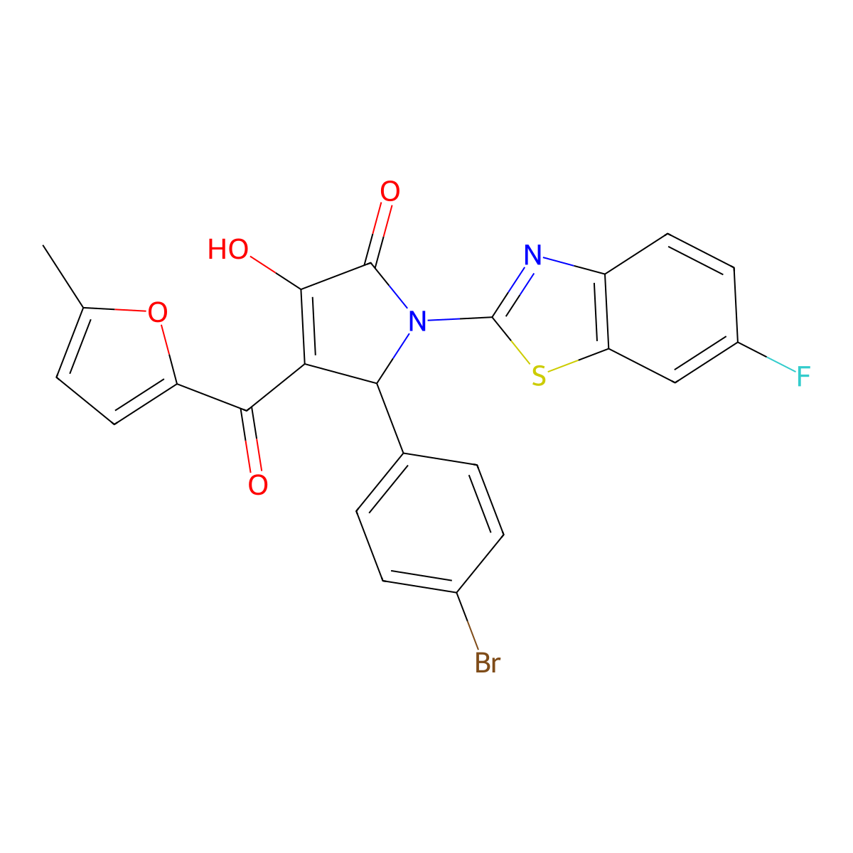 (4E)-5-(4-bromophenyl)-1-(6-fluoro-1,3-benzothiazol-2-yl)-4-[hydroxy(5-methylfuran-2-yl)methylidene]pyrrolidine-2,3-dione molecular structure, CAS 514191-53-8