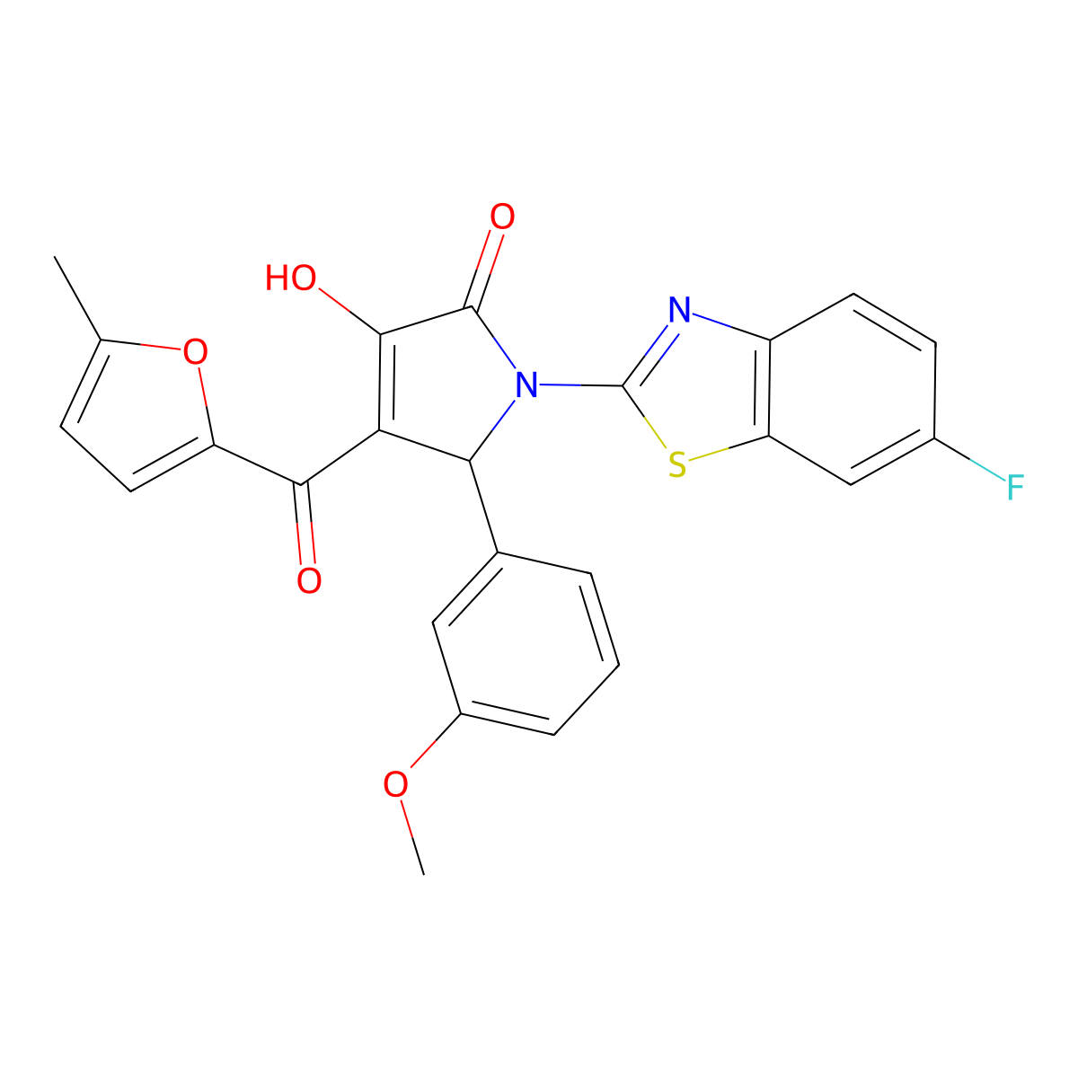 (4E)-1-(6-fluoro-1,3-benzothiazol-2-yl)-4-[hydroxy(5-methylfuran-2-yl)methylidene]-5-(3-methoxyphenyl)pyrrolidine-2,3-dione molecular structure, CAS 514191-57-2