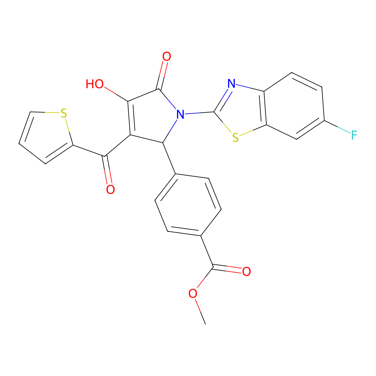 Methyl 4-[1-(6-fluorobenzothiazol-2-yl)-4-hydroxy-5-oxo-3-(2-thienylcarbonyl)-3-pyrrolin-2-yl]benzoate molecular structure, CAS 514191-83-4