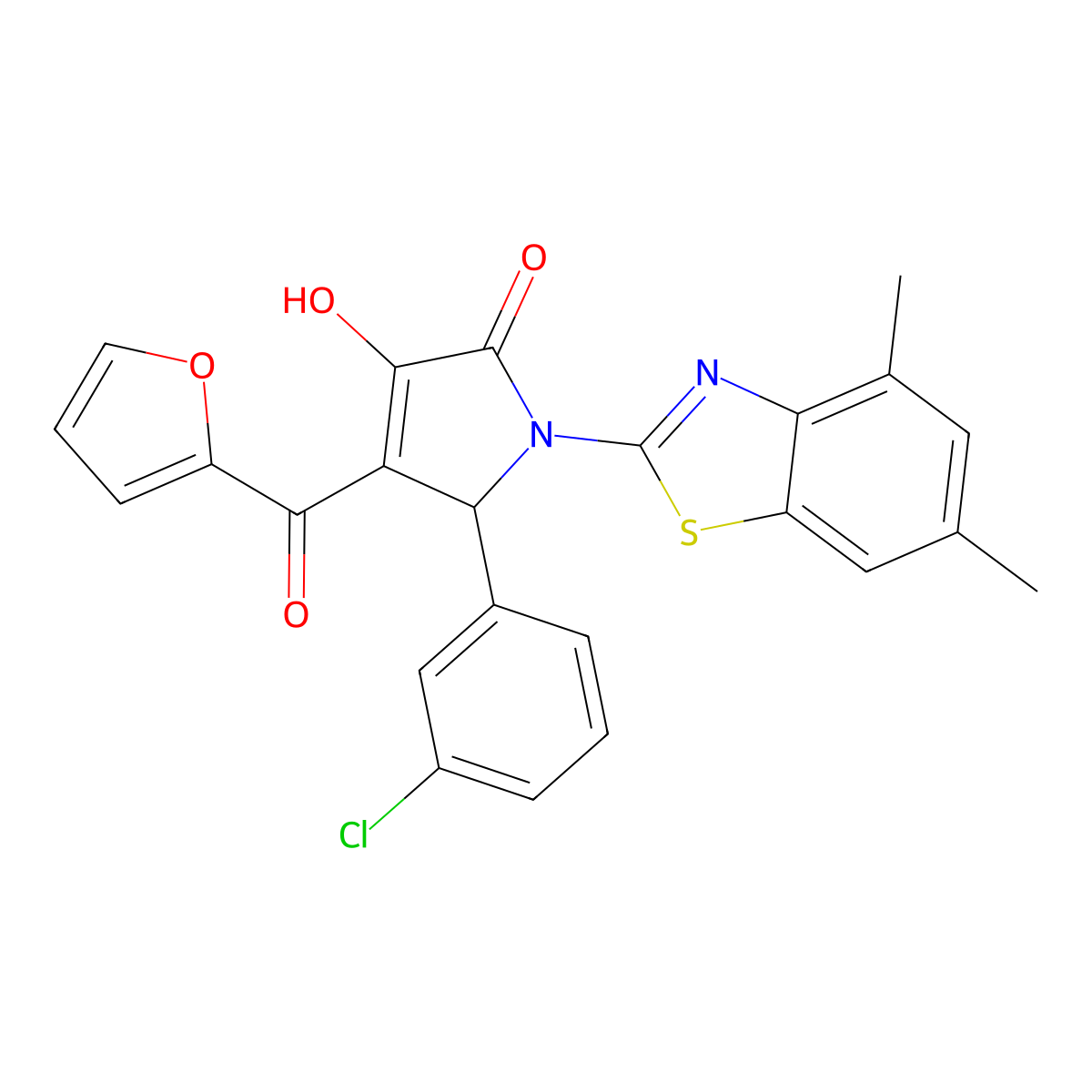 (4E)-5-(3-chlorophenyl)-1-(4,6-dimethyl-1,3-benzothiazol-2-yl)-4-[furan-2-yl(hydroxy)methylidene]pyrrolidine-2,3-dione molecular structure, CAS 514194-65-1