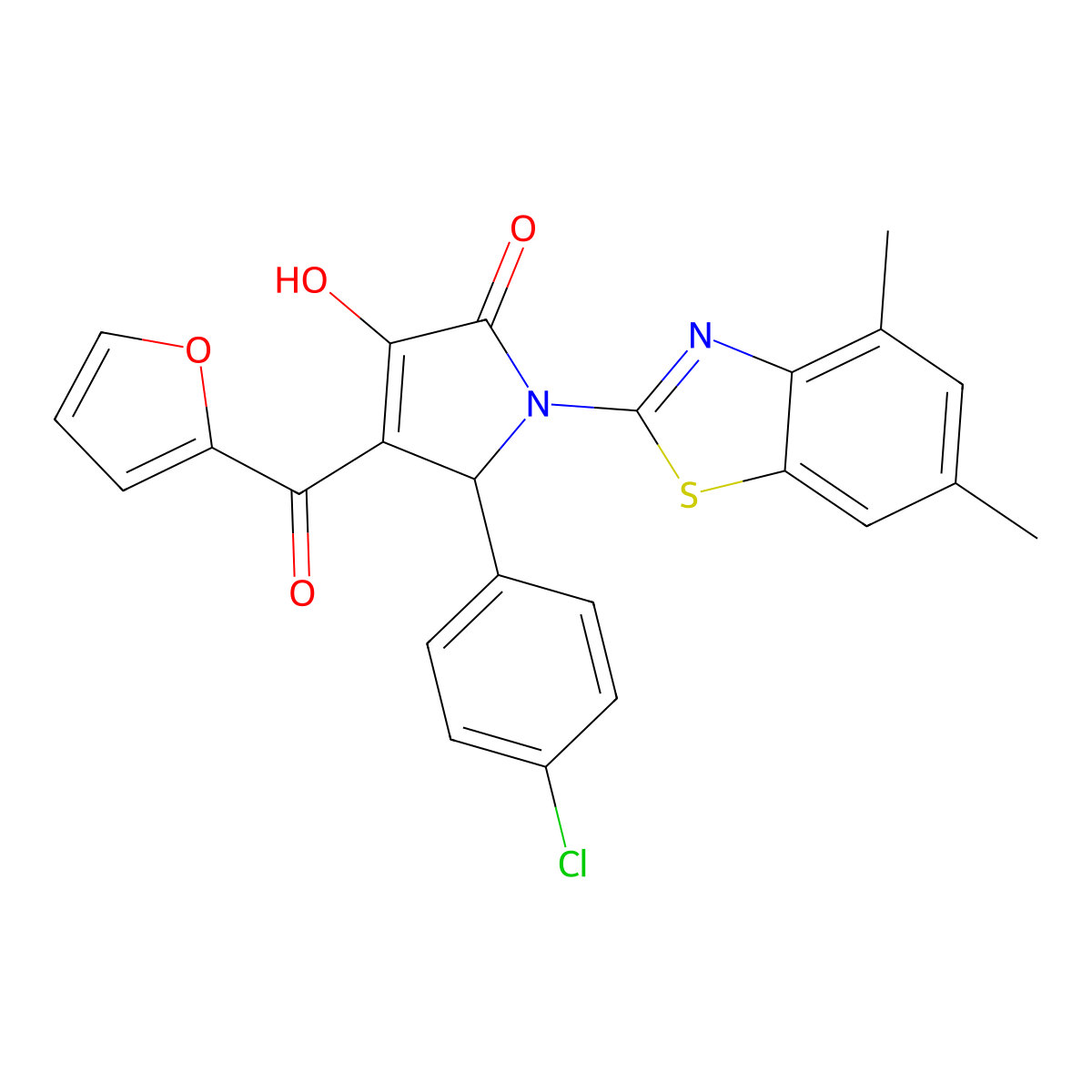 (4E)-5-(4-chlorophenyl)-1-(4,6-dimethyl-1,3-benzothiazol-2-yl)-4-[furan-2-yl(hydroxy)methylidene]pyrrolidine-2,3-dione molecular structure, CAS 514194-66-2