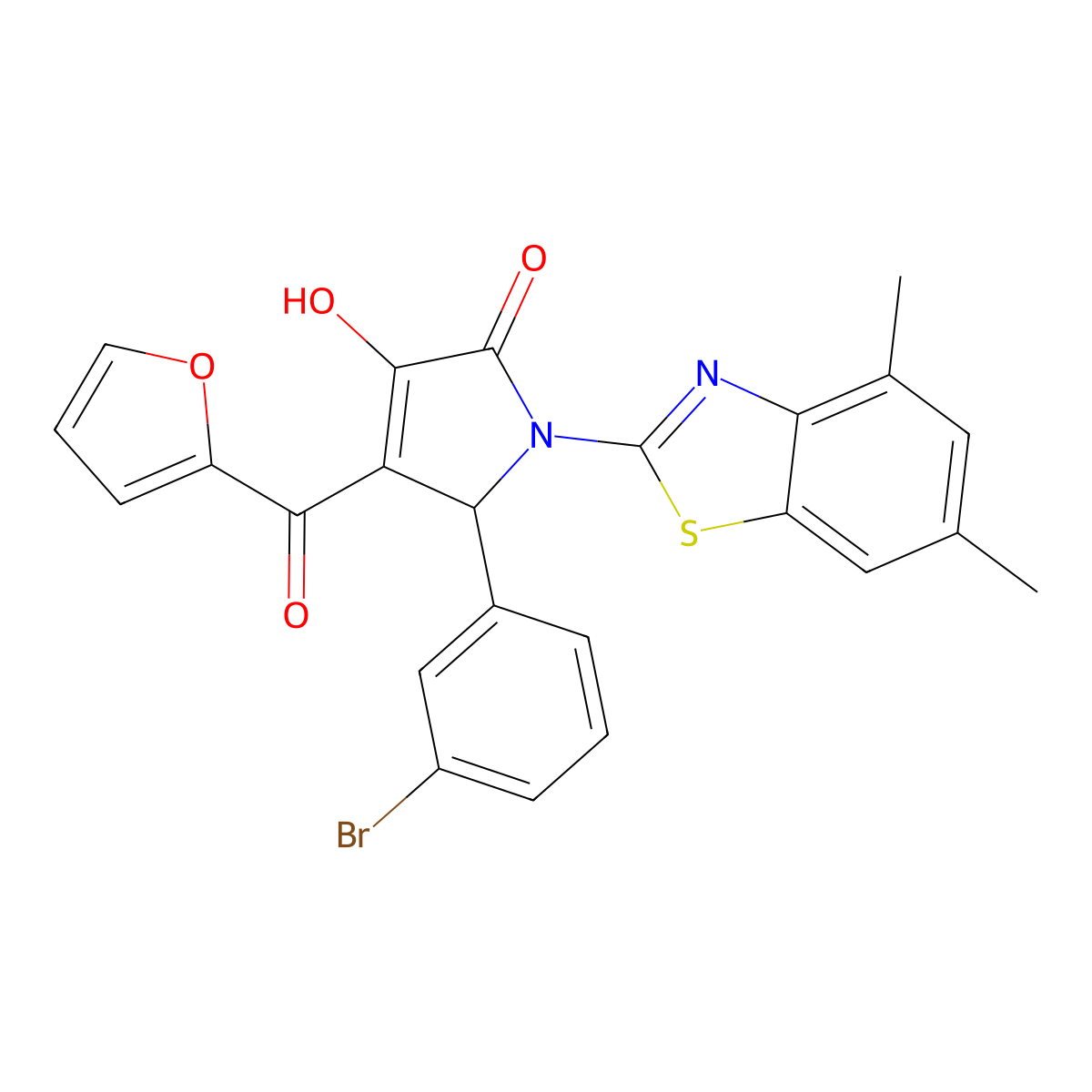 (4E)-5-(3-bromophenyl)-1-(4,6-dimethyl-1,3-benzothiazol-2-yl)-4-[furan-2-yl(hydroxy)methylidene]pyrrolidine-2,3-dione molecular structure, CAS 514194-68-4