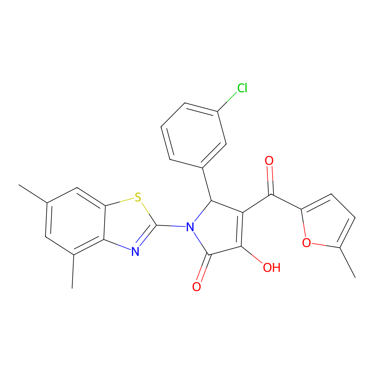 (4E)-5-(3-chlorophenyl)-1-(4,6-dimethyl-1,3-benzothiazol-2-yl)-4-[hydroxy(5-methylfuran-2-yl)methylidene]pyrrolidine-2,3-dione molecular structure, CAS 514194-89-9