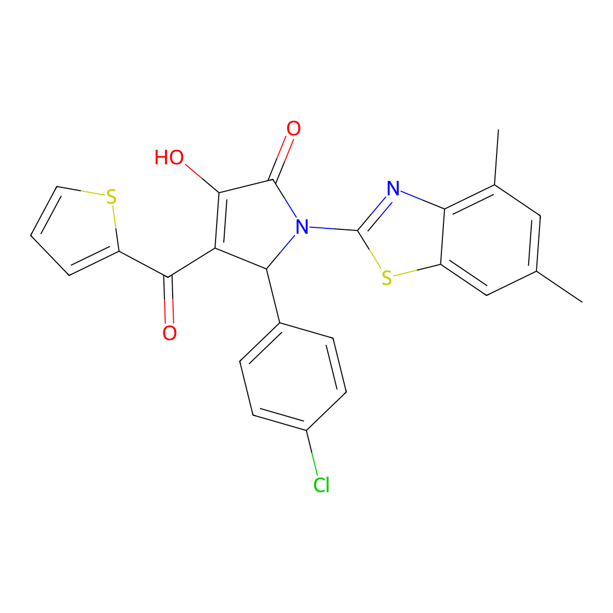 (4E)-5-(4-chlorophenyl)-1-(4,6-dimethyl-1,3-benzothiazol-2-yl)-4-[hydroxy(thiophen-2-yl)methylidene]pyrrolidine-2,3-dione molecular structure, CAS 514195-11-0