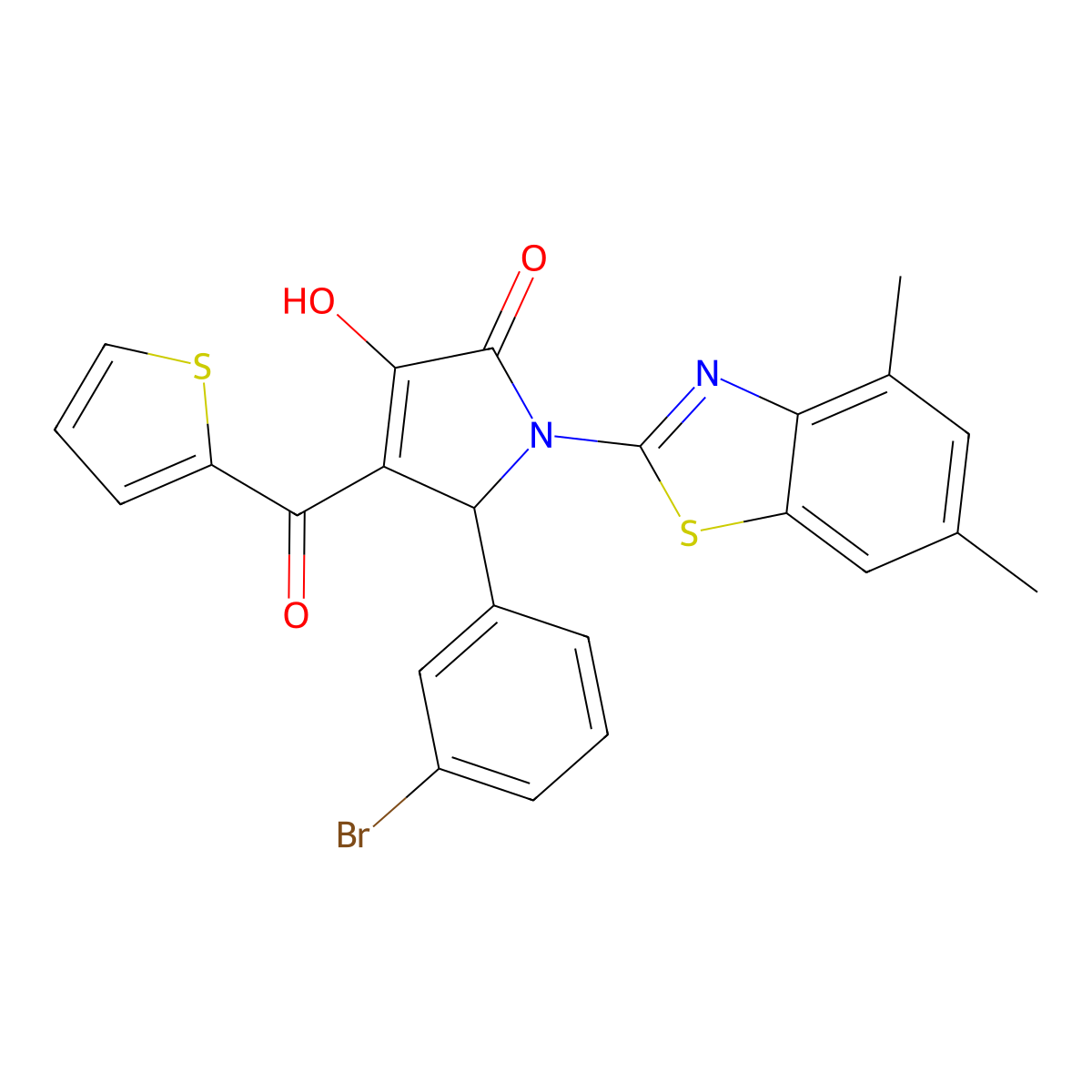 (4E)-5-(3-bromophenyl)-1-(4,6-dimethyl-1,3-benzothiazol-2-yl)-4-[hydroxy(thiophen-2-yl)methylidene]pyrrolidine-2,3-dione molecular structure, CAS 514195-13-2