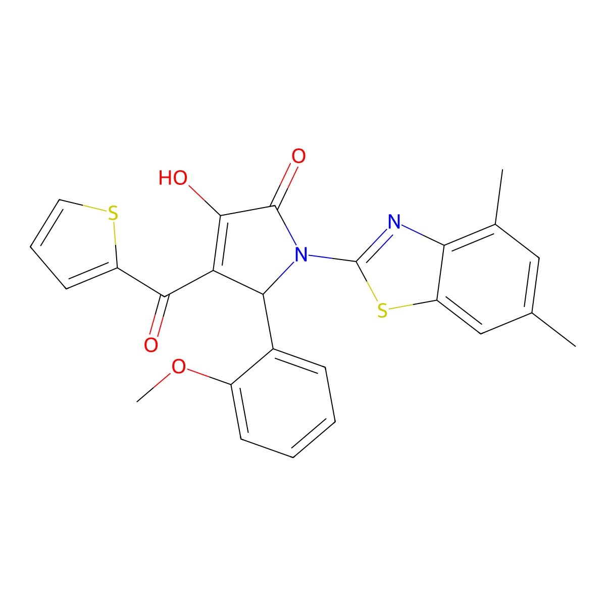 (4E)-1-(4,6-dimethyl-1,3-benzothiazol-2-yl)-4-[hydroxy(thiophen-2-yl)methylidene]-5-(2-methoxyphenyl)pyrrolidine-2,3-dione molecular structure, CAS 514195-16-5