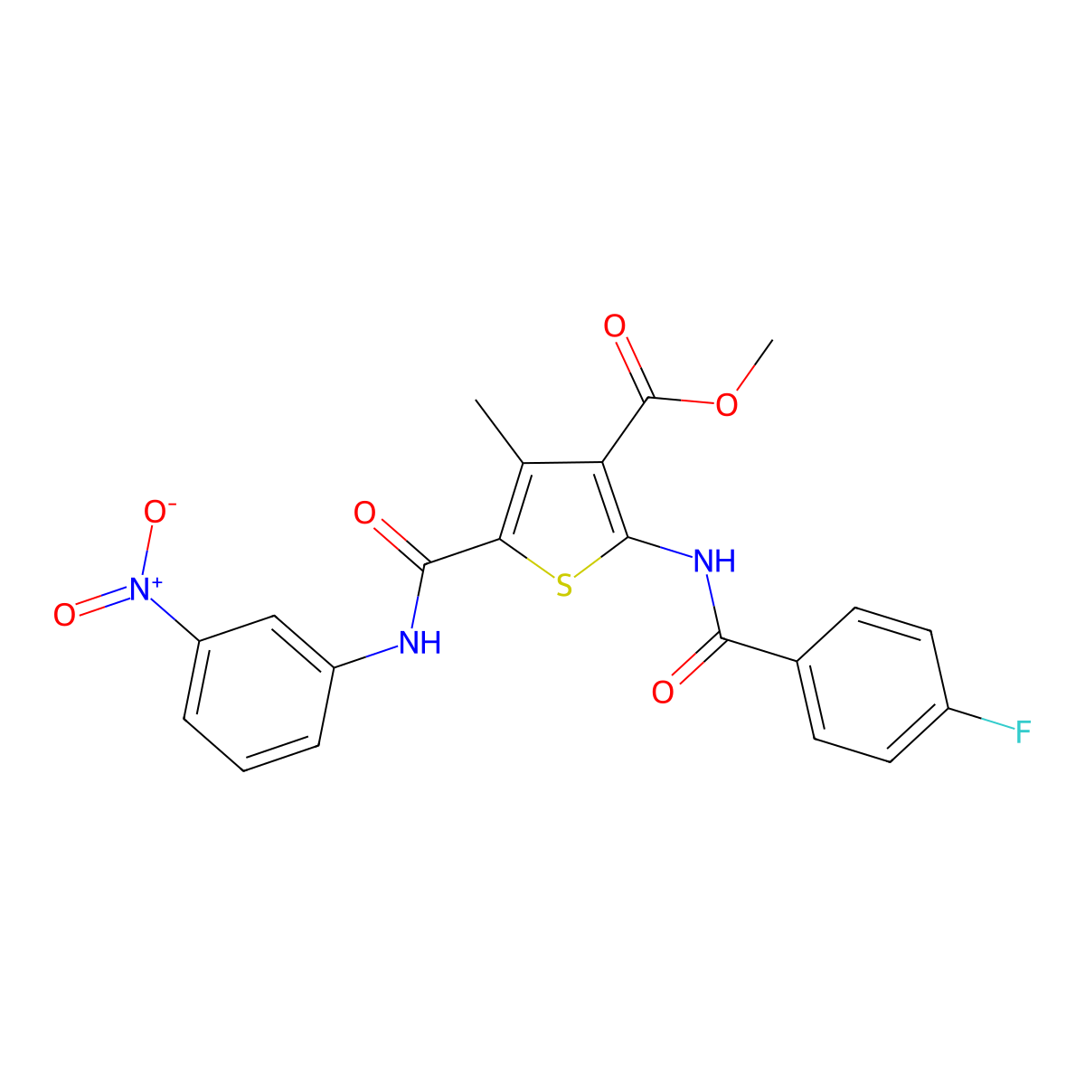 Methyl 2-[(4-fluorobenzoyl)amino]-4-methyl-5-[(3-nitrophenyl)carbamoyl]thiophene-3-carboxylate molecular structure, CAS 5142-18-7