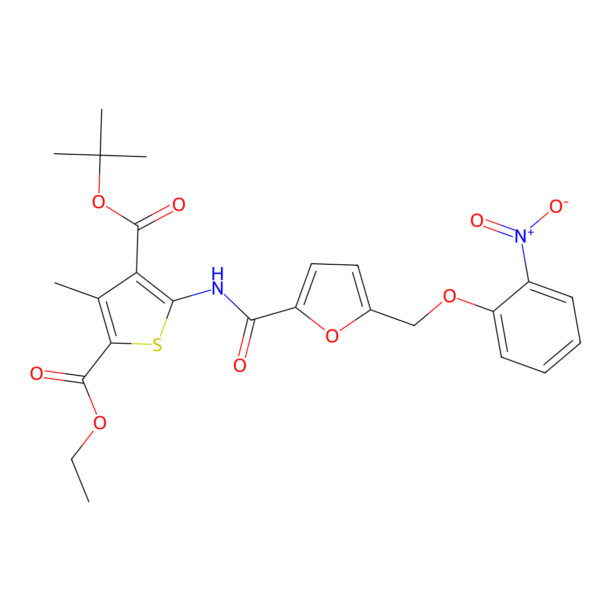4-Tert-butyl 2-ethyl 3-methyl-5-[({5-[(2-nitrophenoxy)methyl]furan-2-yl}carbonyl)amino]thiophene-2,4-dicarboxylate molecular structure, CAS 514217-69-7