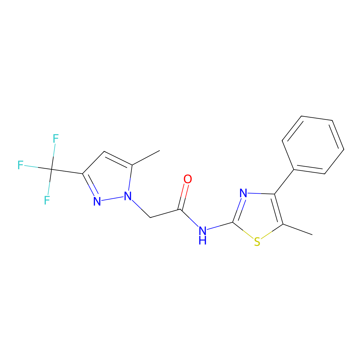 1H-Pyrazole-1-acetamide, 5-methyl-N-(5-methyl-4-phenyl-2-thiazolyl)-3-(trifluoromethyl)- molecular structure, CAS 514217-71-1