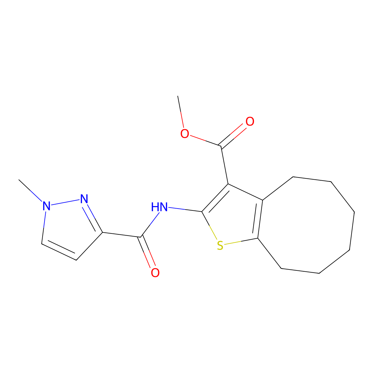 methyl 2-{[(1-methyl-1H-pyrazol-3-yl)carbonyl]amino}-4,5,6,7,8,9-hexahydrocycloocta[b]thiophene-3-carboxylate molecular structure, CAS 514218-00-9