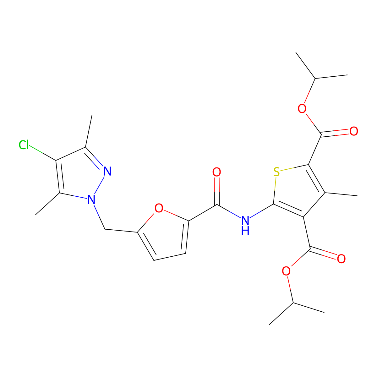 Dipropan-2-yl 5-[[5-[(4-chloro-3,5-dimethylpyrazol-1-yl)methyl]furan-2-carbonyl]amino]-3-methylthiophene-2,4-dicarboxylate molecular structure, CAS 514218-49-6