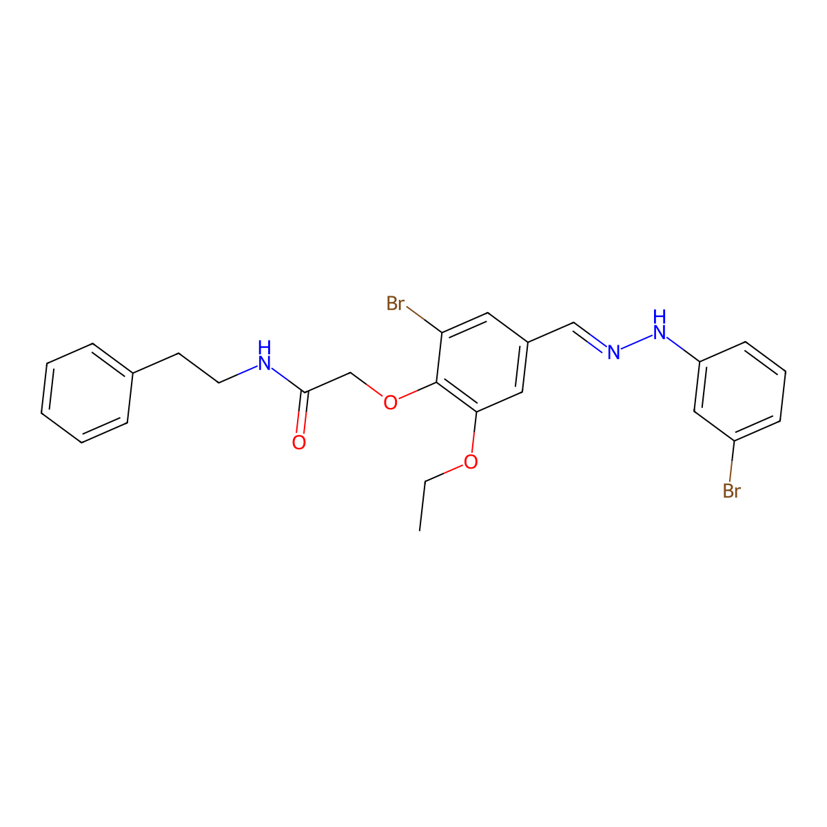 Acetamide, 2-[2-bromo-4-[[2-(3-bromophenyl)hydrazinylidene]methyl]-6-ethoxyphenoxy]-N-(2-phenylethyl)- molecular structure, CAS 514219-46-6