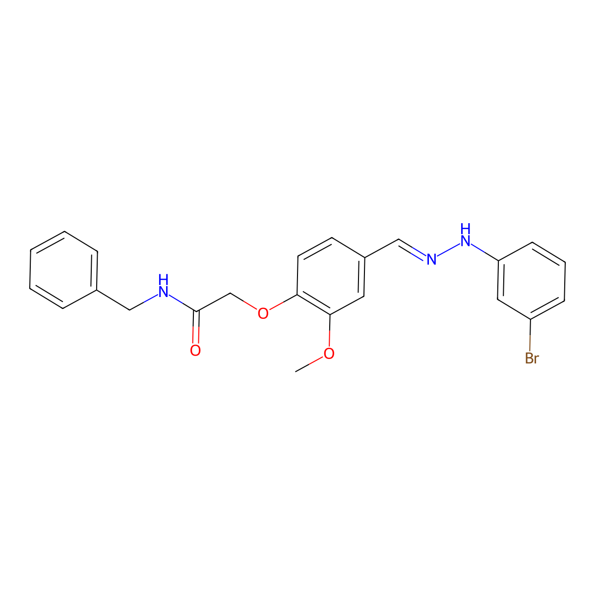 Acetamide, 2-[4-[[2-(3-bromophenyl)hydrazinylidene]methyl]-2-methoxyphenoxy]-N-(phenylmethyl)- molecular structure, CAS 514219-84-2
