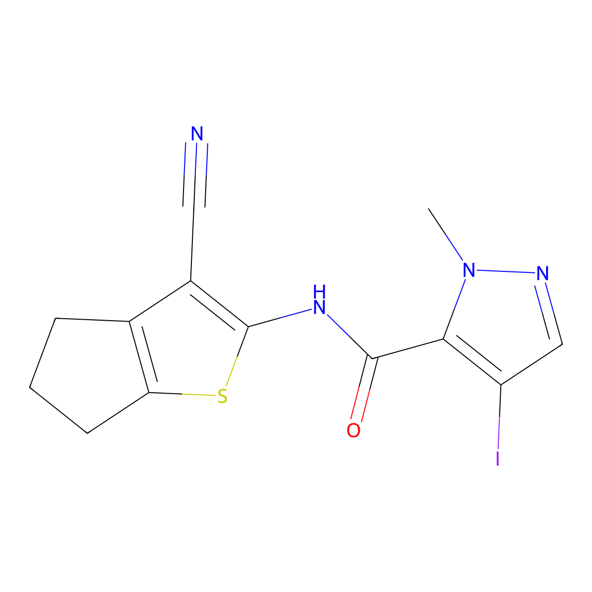 N-(3-cyano-5,6-dihydro-4H-cyclopenta[b]thiophen-2-yl)-4-iodo-2-methylpyrazole-3-carboxamide molecular structure, CAS 514219-90-0