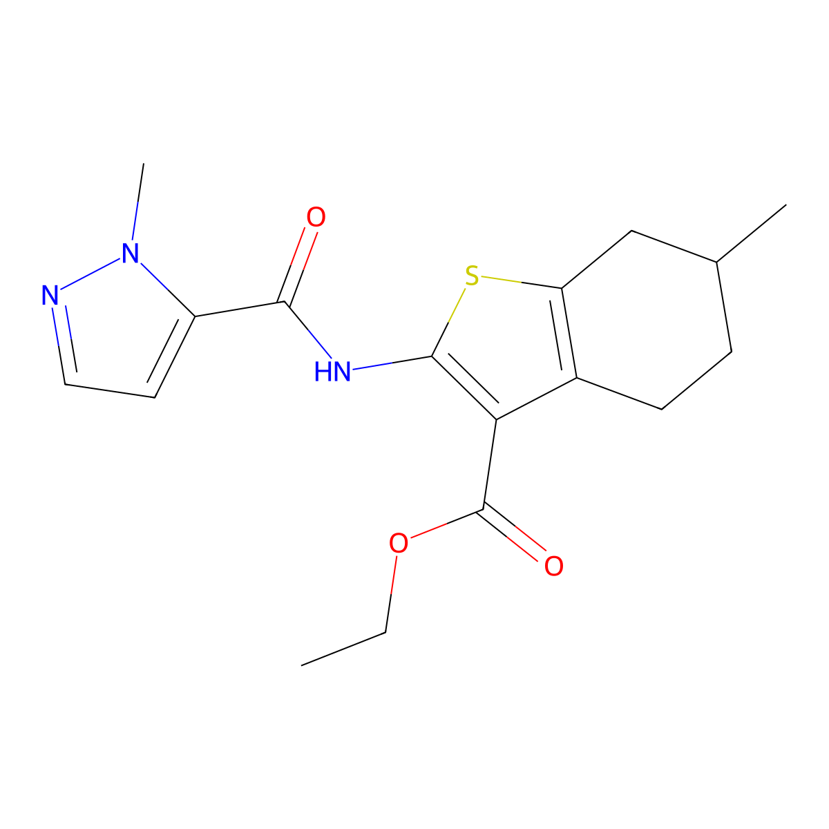 ethyl 6-methyl-2-{[(1-methyl-1H-pyrazol-5-yl)carbonyl]amino}-4,5,6,7-tetrahydro-1-benzothiophene-3-carboxylate molecular structure, CAS 514220-19-0