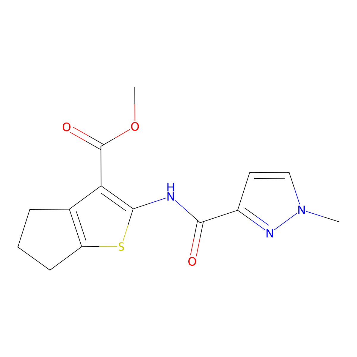 methyl 2-{[(1-methyl-1H-pyrazol-3-yl)carbonyl]amino}-5,6-dihydro-4H-cyclopenta[b]thiophene-3-carboxylate molecular structure, CAS 514220-38-3