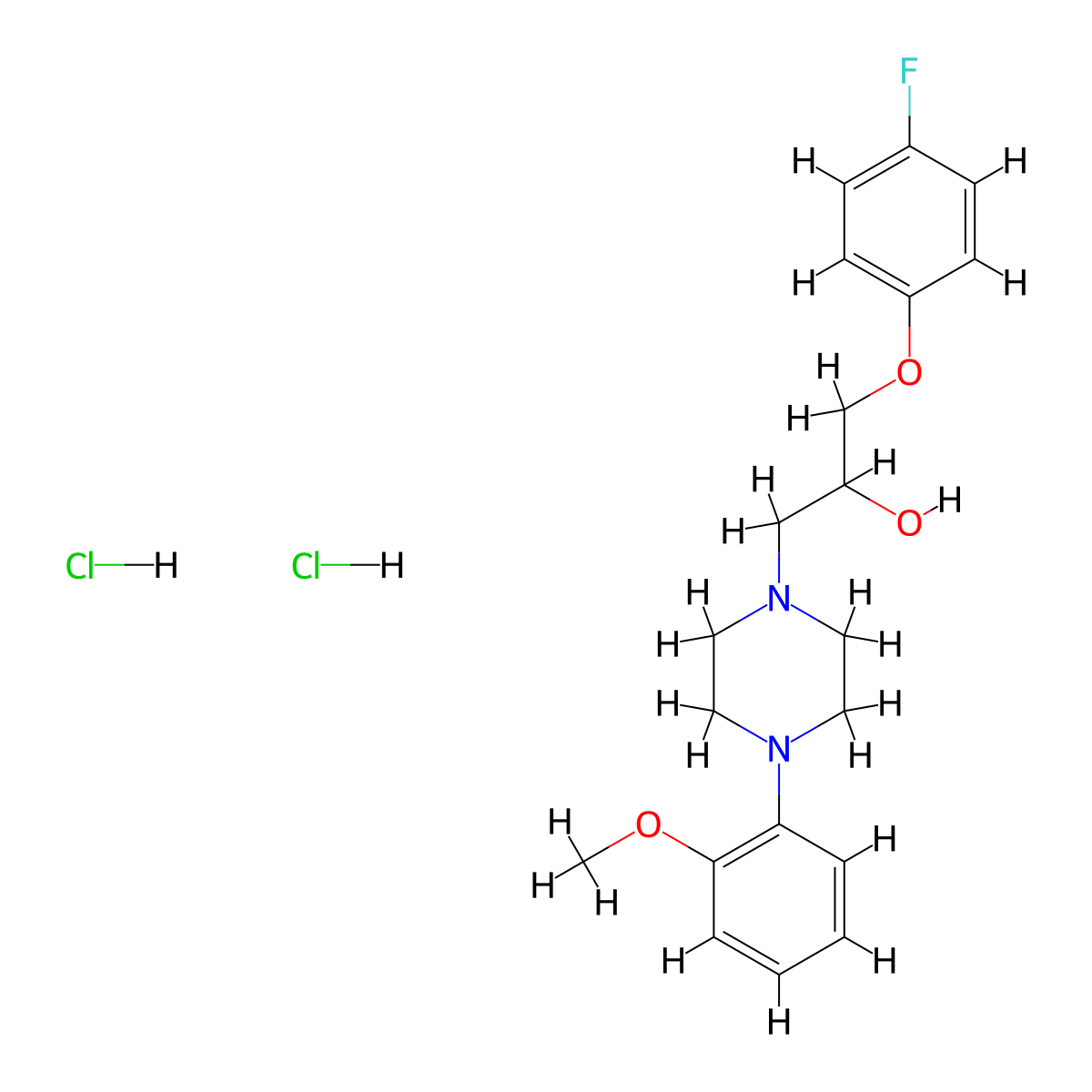 1-Piperazineethanol, I+/--[(4-fluorophenoxy)methyl]-4-(2-methoxyphenyl)-, hydrochloride (1:2) molecular structure, CAS 51448-01-2