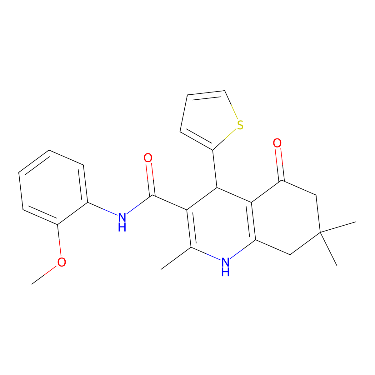 2,7,7-trimethyl-N-[2-(methyloxy)phenyl]-5-oxo-4-thien-2-yl-1,4,5,6,7,8-hexahydroquinoline-3-carboxamide molecular structure, CAS 5146-85-0