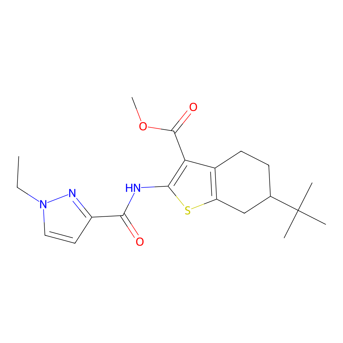methyl 6-tert-butyl-2-{[(1-ethyl-1H-pyrazol-3-yl)carbonyl]amino}-4,5,6,7-tetrahydro-1-benzothiophene-3-carboxylate molecular structure, CAS 514799-07-6