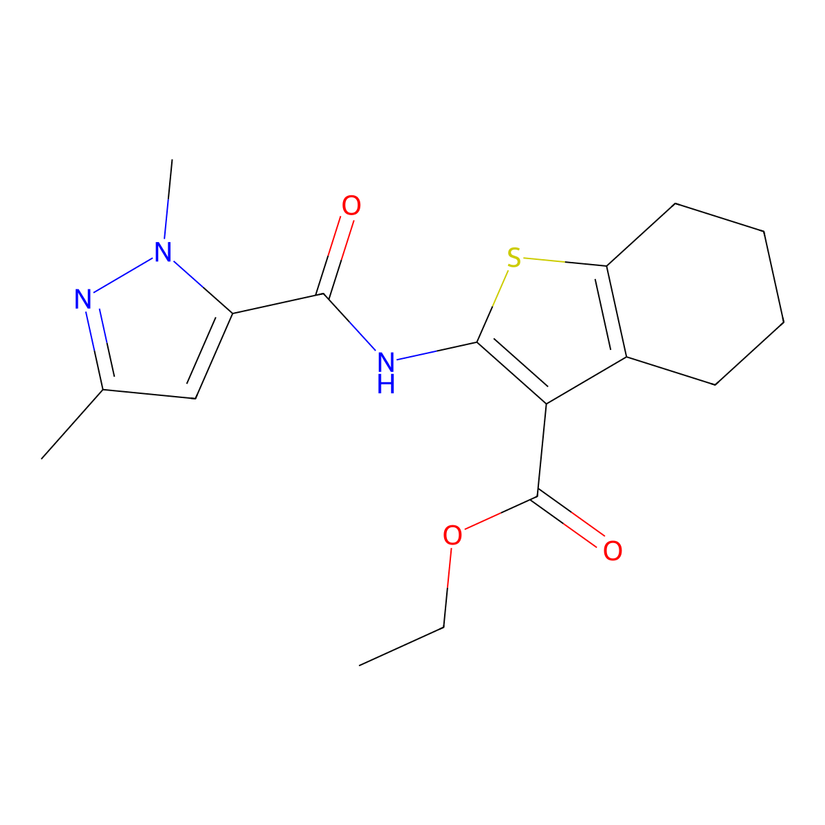 Ethyl 2-[[(1,3-dimethyl-1H-pyrazol-5-yl)carbonyl]amino]-4,5,6,7-tetrahydrobenzo[b]thiophene-3-carboxylate molecular structure, CAS 514799-11-2
