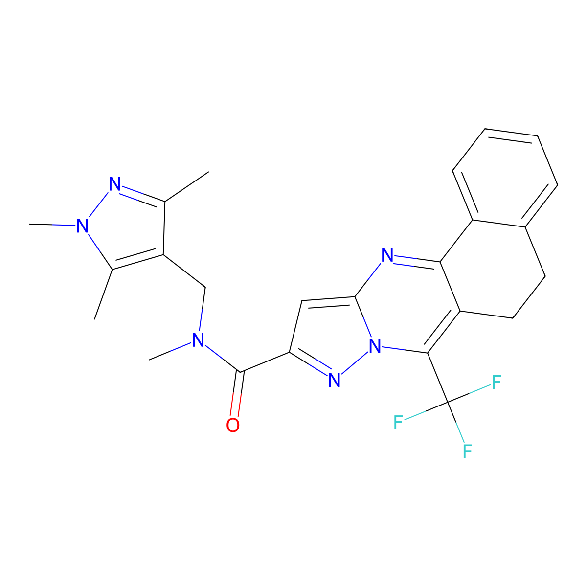 N-methyl-7-(trifluoromethyl)-N-[(1,3,5-trimethyl-1H-pyrazol-4-yl)methyl]-5,6-dihydrobenzo[h]pyrazolo[5,1-b]quinazoline-10-carboxamide molecular structure, CAS 514799-15-6