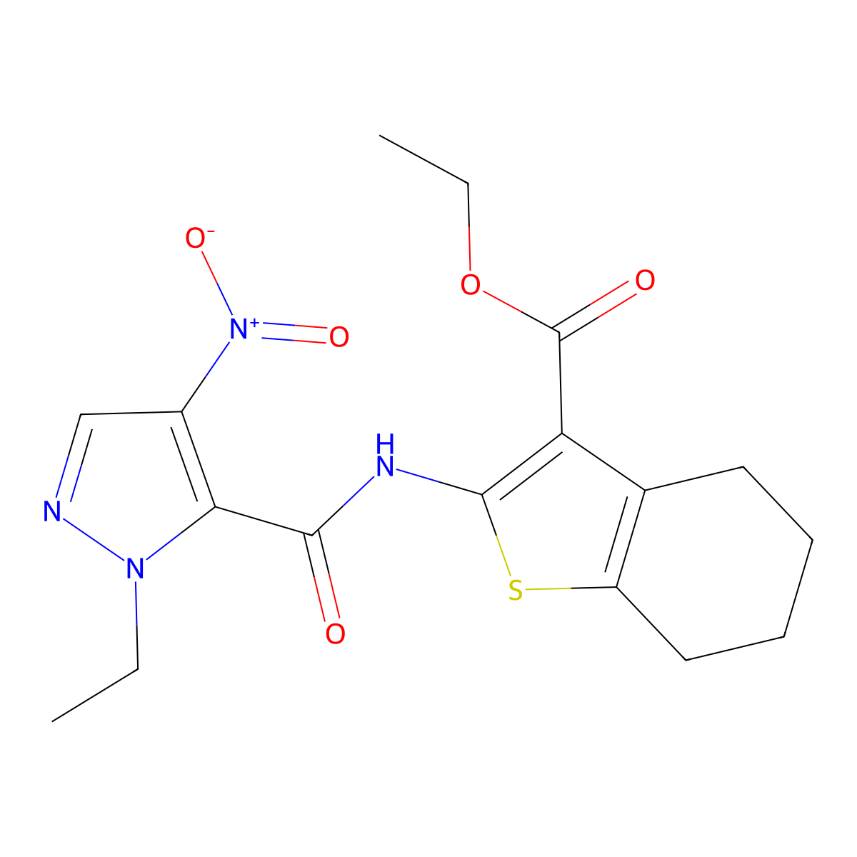 Ethyl 2-[(2-ethyl-4-nitropyrazole-3-carbonyl)amino]-4,5,6,7-tetrahydro-1-benzothiophene-3-carboxylate molecular structure, CAS 514799-19-0